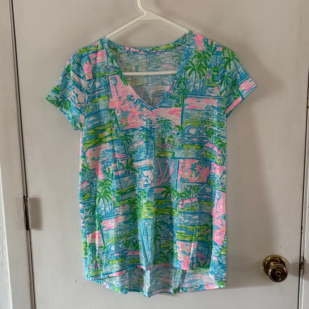 Lilly Pulitzer turquoise pink green tropical beach print v-neck knit top Size S